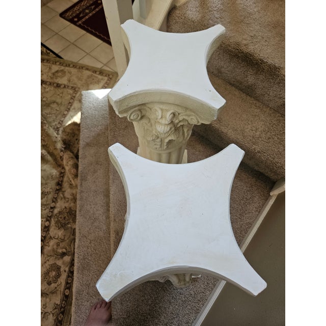 Matching pair of White Plaster Pedestals. Fluted Columns with subtle aged finish. Great decorative accessories.