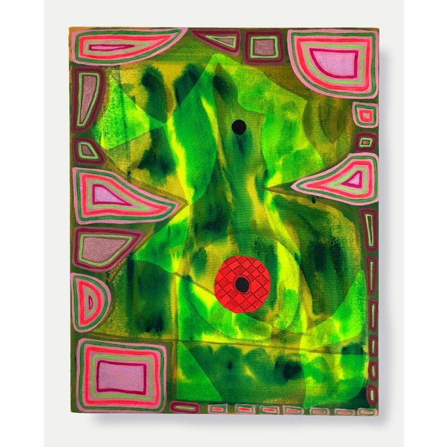 Contemporary geometric colorful abstract painting by Texas-based artist Max Manning. The work features organic and...