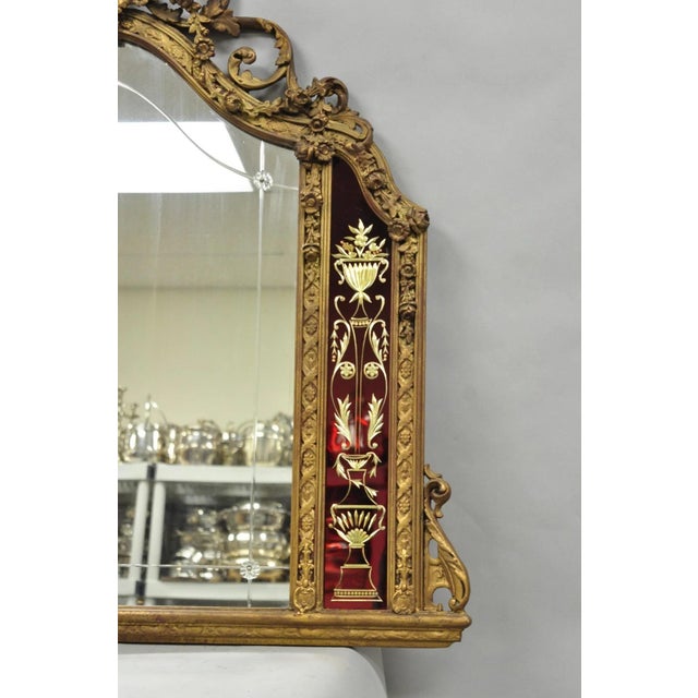 Antique French Neoclassical Baroque Gold Gilt Gesso Red Glass Frame Wall Mirror For Sale - Image 4 of 18