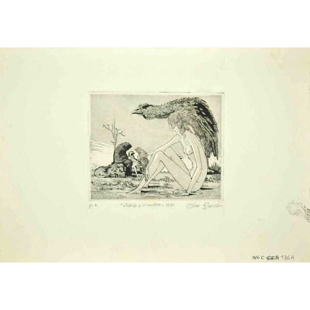 Sibyl and the Border is an original etching realized by Leo Guida in 1970. Good condition. Mounted on a white cardboard...