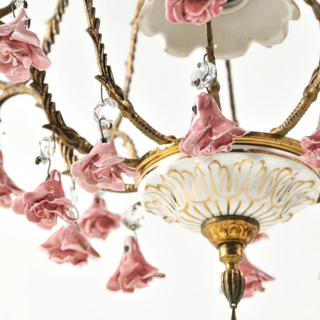 Vintage Petite European Brass and Ceramic Rose Chandelier For Sale - Image 11 of 14