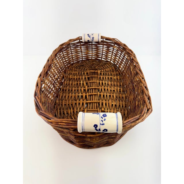 Vintage Woven Wicker Basket With Blue & White Porcelain Handles For Sale - Image 10 of 11