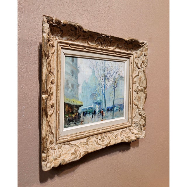 Blue Merio Ameglio -1950s Foggy Paris Street Scene by Saint-Augustin Church-Oil Painting For Sale - Image 8 of 9