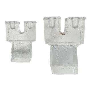 1970s Iittala Finland Timo Sarpaneva Ice Block Candle Holders - Pair For Sale