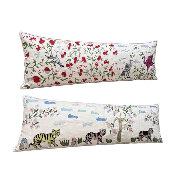 This beautiful 18'' x 56'' & 18'' x 53'' hand-embroidered Suzani pillow cover set was made from authentic Uzbek cotton...
