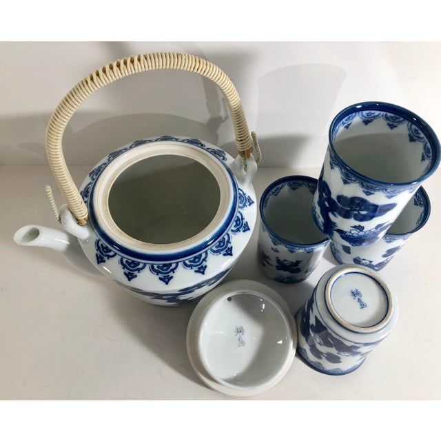Vintage Japanese Nabeshima Porcelain Teapot Tea Set & 4 Cups Blue and