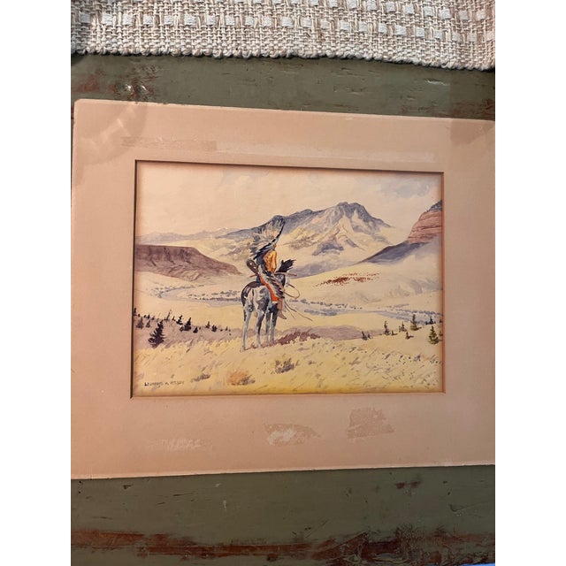 Native American 1940s Leonard H. Reedy Original Western Watercolor, Native American Horseback Rider, 9” X 12” For Sale - Image 3 of 7