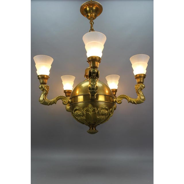 Art Deco Bronze and Frosted Glass Chandelier, 1920 For Sale - Image 4 of 18