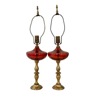 1960s Mid Century Modern Cranberry Glass and Brass Lamps on Marble Bases, a Pair For Sale