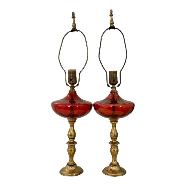 1960s Mid Century Modern Cranberry Glass and Brass Lamps on Marble Bases, a Pair For Sale