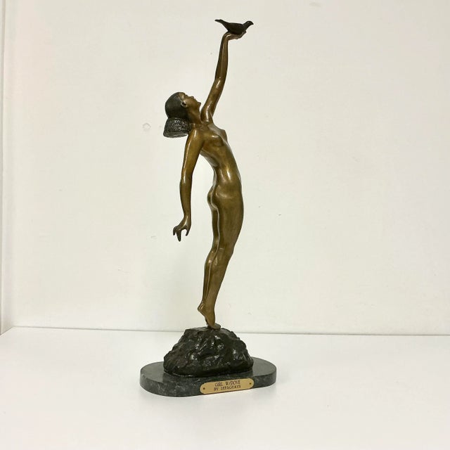 Art Deco Vintage French Art Deco Pierre Le Faguays Bronze Nude Sculpture, Girl With Dove For Sale - Image 3 of 18