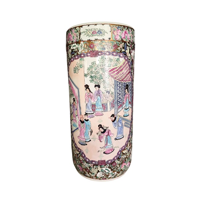 Ceramic Chinoiseries Large Chinese Famille Rose Porcelain Umbrella Stand With Mandarin Court Scenes For Sale - Image 7 of 7