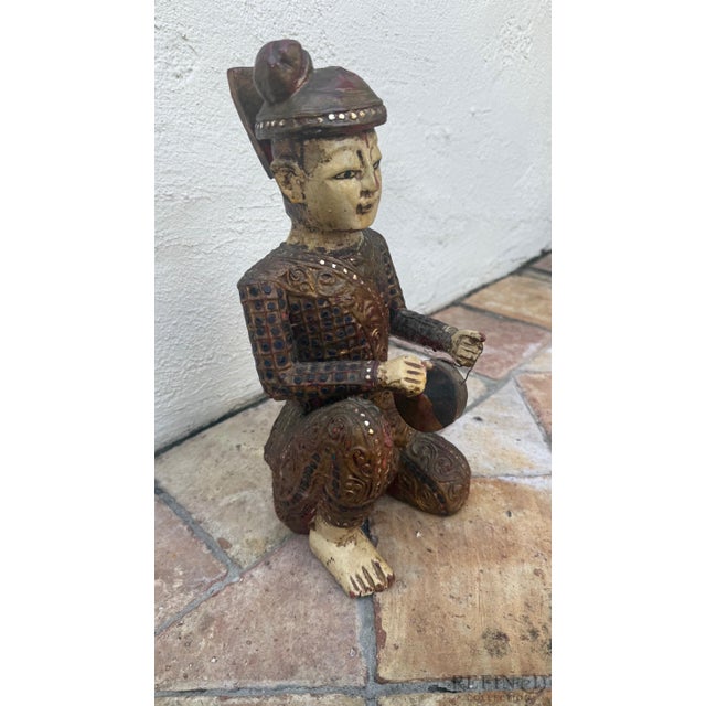 Early 20th Century Hand-Carved Chinese Wooden Figural Sculpture of Seated Musician With Tambourine-Style Instrument For Sale - Image 4 of 10