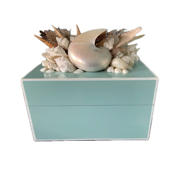 Coastal Tiffany Blue Keepsake Box-Mother-of-Pearl Nautilus, Shells & Coral For Sale - Image 3 of 6