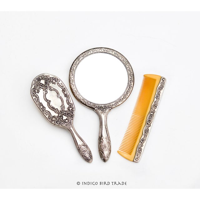 Shabby Chic Vintage Silver Plated Repousse Hand Mirror Brush and Comb - Set of 3 For Sale - Image 3 of 8