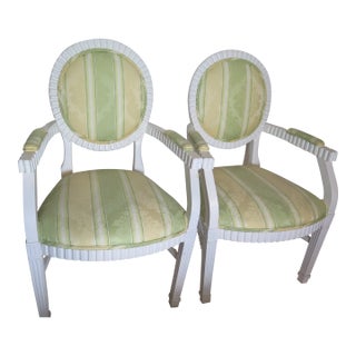 A Pair of John Hut Donghia Grand Flute Silk Medallion Back Chairs For Sale