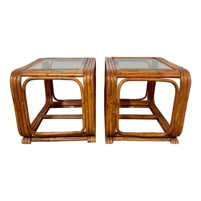 Vintage Coastal Rattan Bamboo End Tables With Glass Tops a Pair