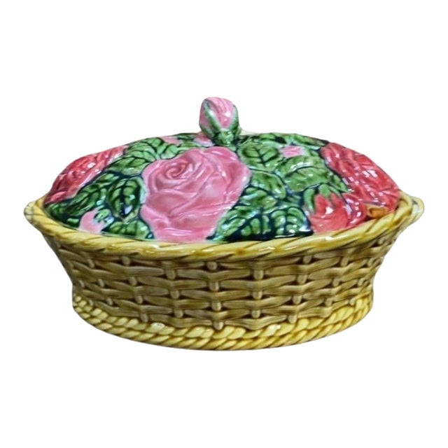 Rare French Majolica Roses Basket Sarreguemines Circa 1920 For Sale