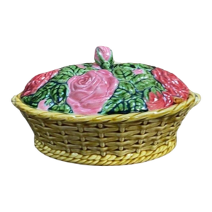 Rare French Majolica Roses Basket Sarreguemines Circa 1920