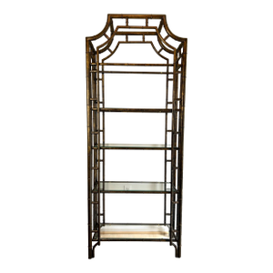 Chinoiserie Faux Bamboo Pagoda 5 Shelf Glass and Metal Brown Tortoise Shell Finish Etagere