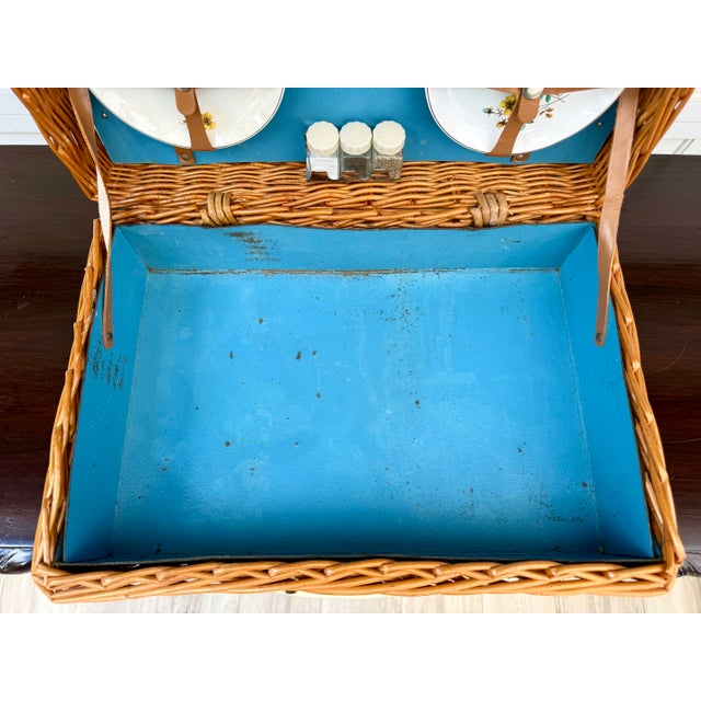 Vintage English Sirram Wicker Picnic Hamper Suitcase With Blue Interior & Plates For Sale - Image 11 of 14
