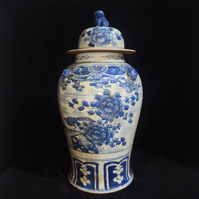 Blue Pair of Large Chinese Blue & White Porcelain General Jars With Tiger Handles For Sale - Image 8 of 9
