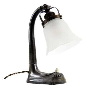 Vintage French Art Nouveau Cast Iron & Glass Desk Lamp