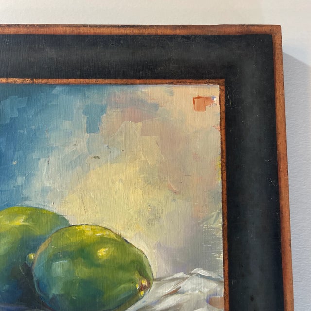Wood Whitney Kreb Original Oil Still Life – “Limes on White Cloth” | Nantucket Artist, Hand-Painted Faux Mat on Board For Sale - Image 7 of 11