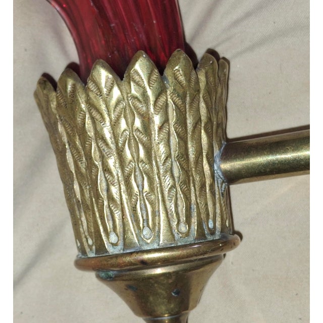 Late 19th Century 19th Century French Art Nouveau Red Art Glass/ Crystal Gilt Bronze Candle Wall Sconces Attrib. Baccarat True Left and Right Form For Sale - Image 5 of 18