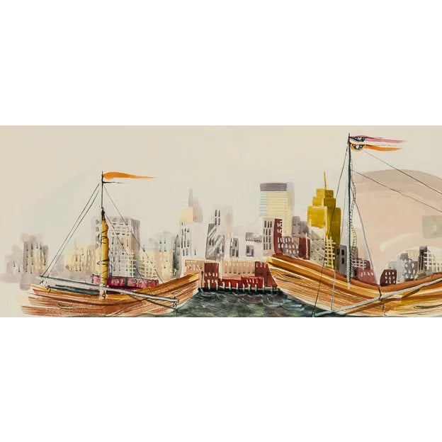 Charming c1950s watercolour depicting two boats in the city harbour signed R? (LR) in a gilt bamboo frame! Image Sz: 14...