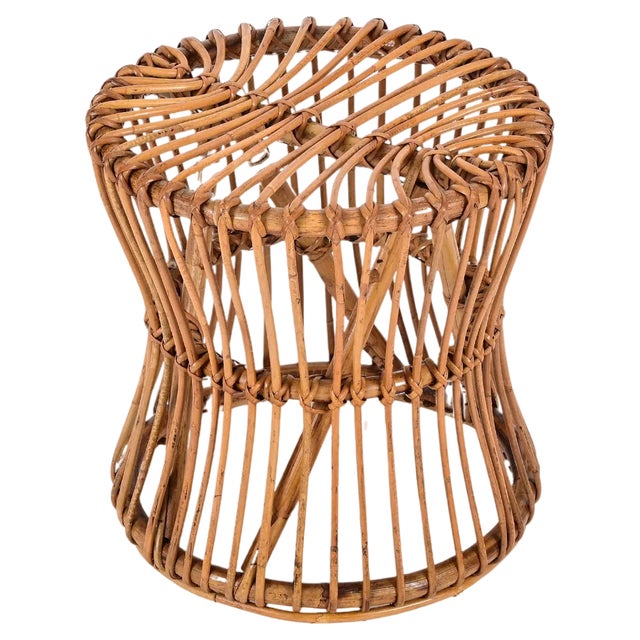 Mid-Century French Riviera Stool in Rattan and Woven Wicker, 1960s For Sale