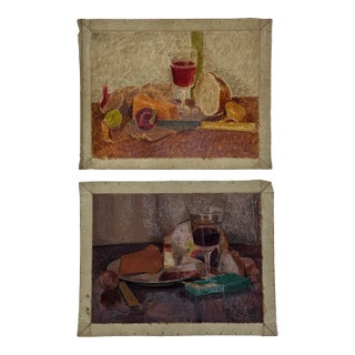 Early 20th Century Stupendous Set of 2 Vintage Unstretched Oil/Canvas Still Life's of Fruit Bread & Wine For Sale