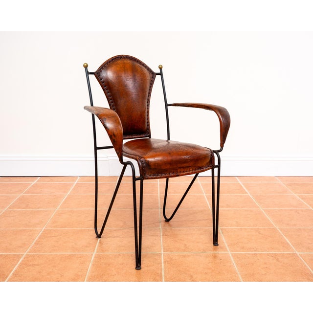 Mid-Century Bauhaus Modern Sculptural Leather Armchairs in Iron and Brass from Jacques Adnet, 1950s, Set of 2 For Sale - Image 16 of 18