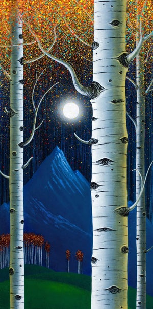 Aspen in Moonlight by Thane Gorek | Oil on Board Oil Painting of aspen trees under a full moon.