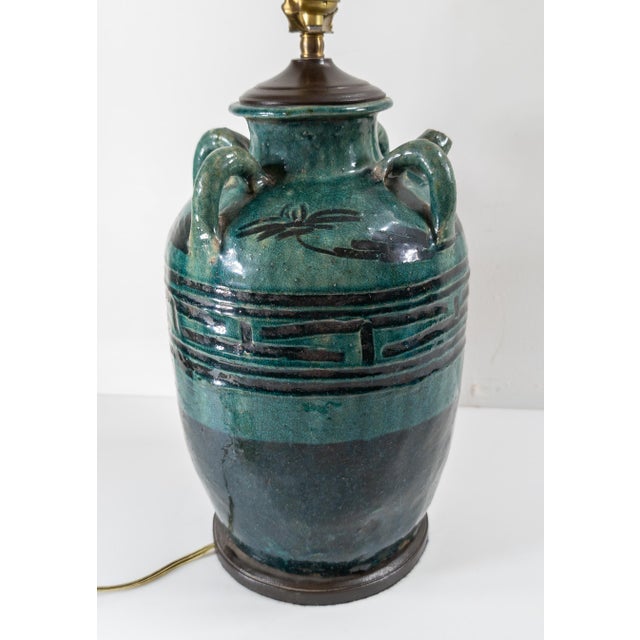 Ceramic Mid-Century Green and Black Glazed Chinese or Kashan Style Table Lamp For Sale - Image 7 of 9