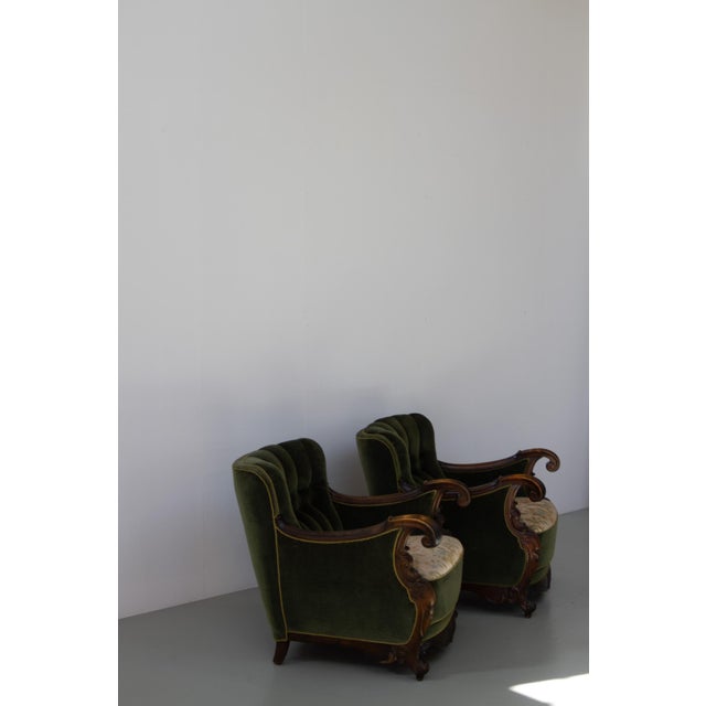 Danish Carved Lounge Chairs in Green Velvet, 1920s, Set of 2 For Sale - Image 12 of 18
