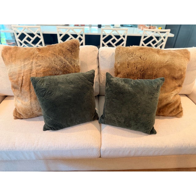 Camel Pair of Oversized Pottery Barn Caramel Faux Fur Pillows With Velvet Backs 27x27 For Sale - Image 8 of 9