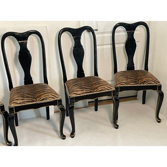 American Mid 20th Century 4 Ebonised Queen Ann Style Dining Chairs With TapestryUpholstery For Sale - Image 3 of 11
