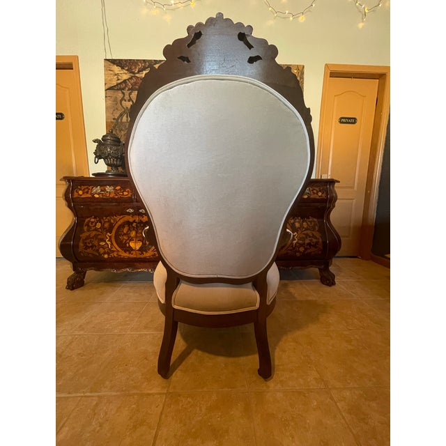 Victorian Revival Carved Wood & Tufted Upholstered Parlor Chairs – Pair For Sale - Image 4 of 12