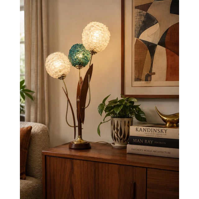 Mid-Century Modern 1960s Mid-Century Modern Atomic Three-Globe Spun Lucite/Acrylic Spaghetti Lamp With Walnut For Sale - Image 3 of 8