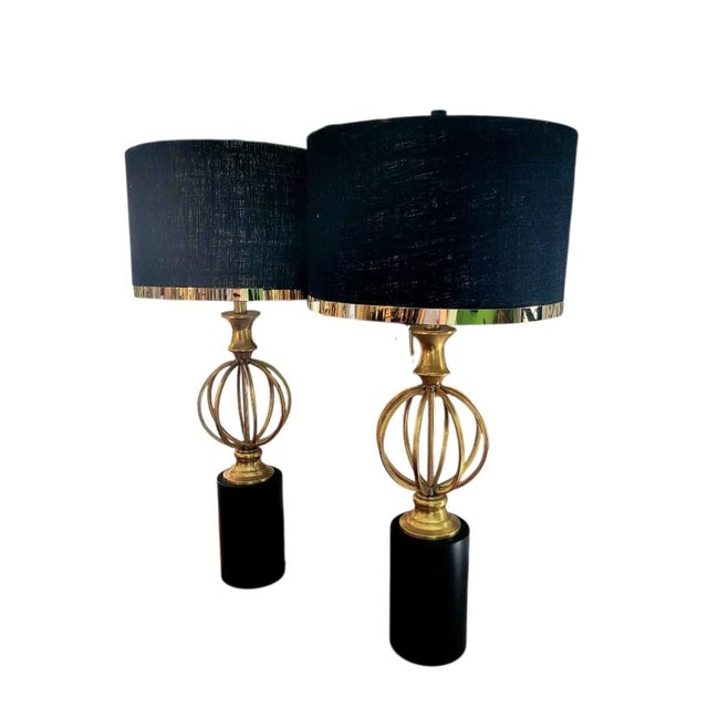 Metal Vintage Tall Modern Black Metal Base Gold Leaf Sphere Brass Trim Table Lamps- A Pair For Sale - Image 7 of 7
