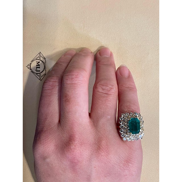 GIA Certified 3.41 Carat Cushion Cut Colombian Emerald & Diamond Ring 18K Y Gold For Sale In New York - Image 6 of 18