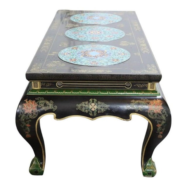 Vintage Chinese Ebonized, Polychromed & 3 Cloisonne Disk Coffee Table 20thC For Sale - Image 16 of 18