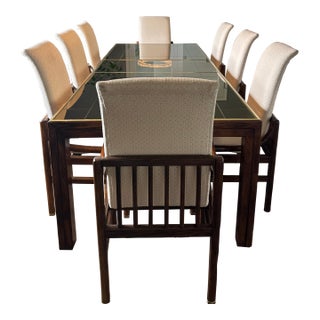 1980s Henredon Scene One Mid-Century Modern Walnut & Mirrored Expanding Dining Table With 8 Chairs - Set of 9 For Sale