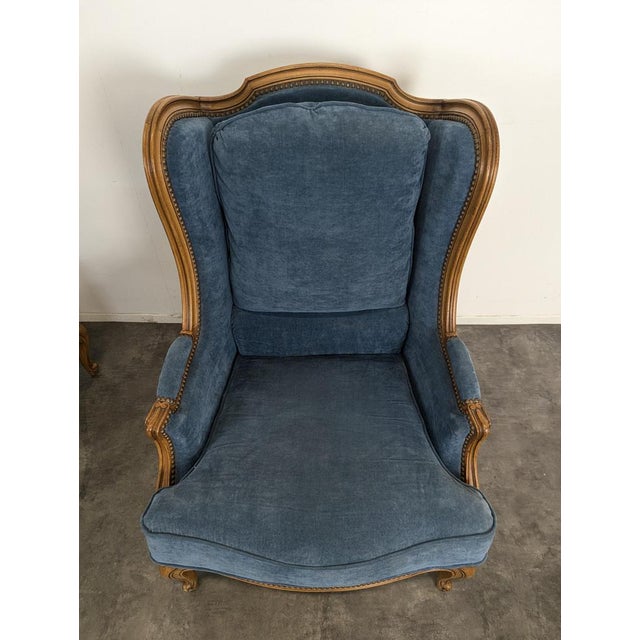 Textile Louis XV Style Wingback Lounge Chairs in Blue Velvet, Set of 2 For Sale - Image 7 of 8