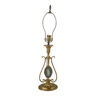 Mid 20th Century Neoclassical Gilt Bronze Lyre & Green Jasperware Table Lamp Wedgewood For Sale