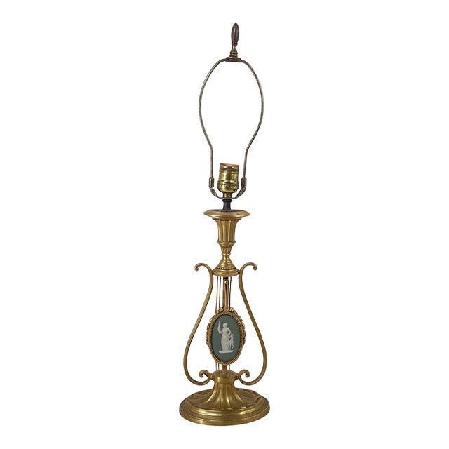 Mid 20th Century Neoclassical Gilt Bronze Lyre & Green Jasperware Table Lamp Wedgewood For Sale