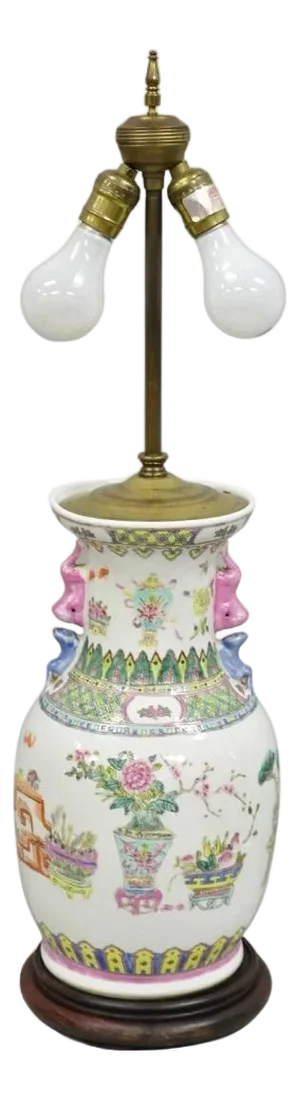 Vintage Chinese Hand Painted Porcelain Jardinierie Floral Chinoiserie Table Lamp