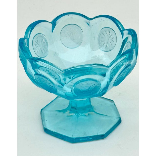 Beautiful vintage cerulean / periwinkle blue coin dot art glass dip /nut small footed serving bowl or single floating...