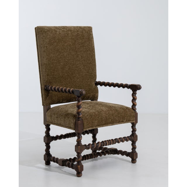 19th Century Louis XIII Style Wooden Throne Chair with Upholstery Mustard For Sale - Image 15 of 15